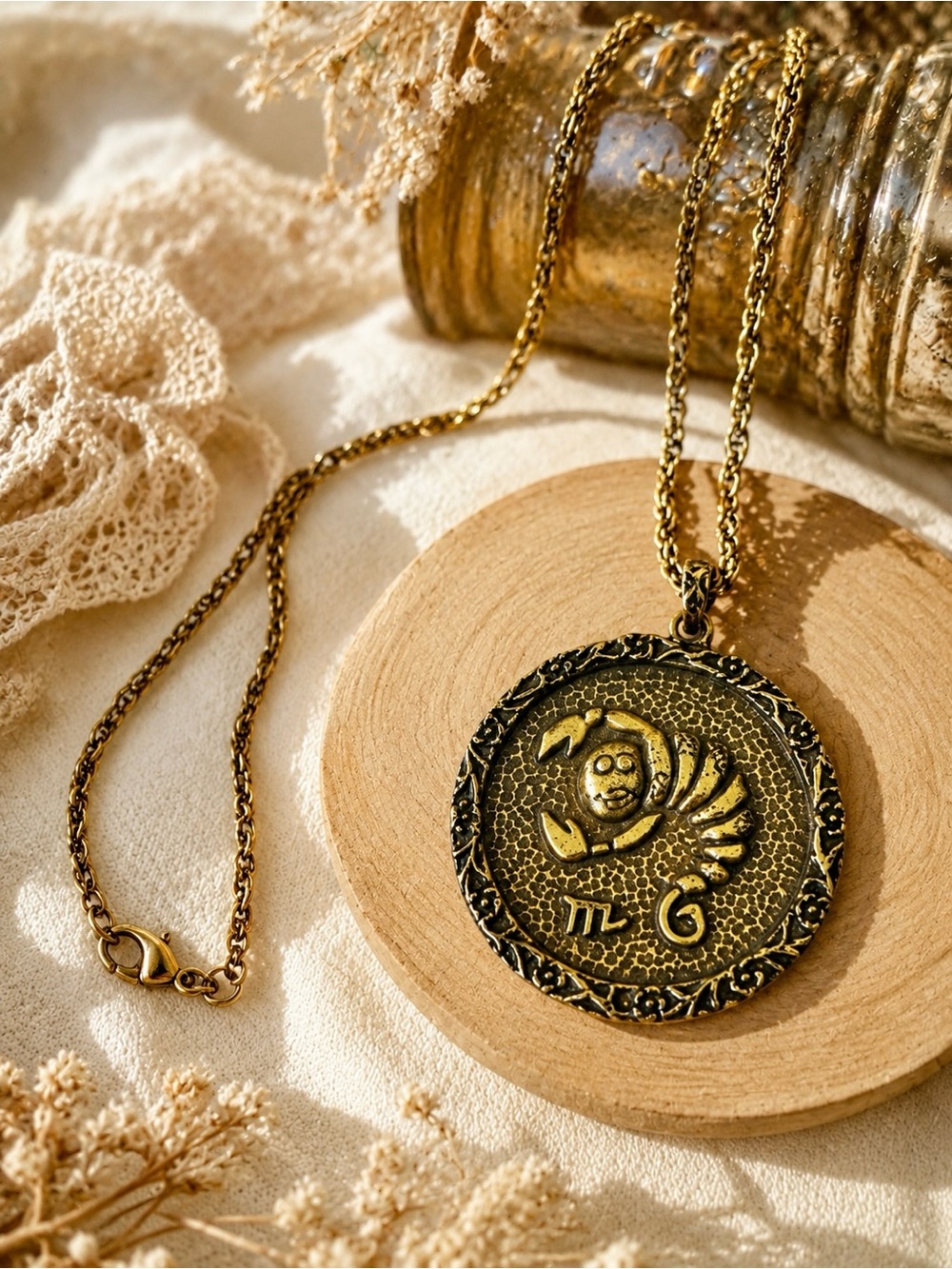 Scorpio Zodiac Pendant Necklace Gold Tone Astrology Medallion Signed Retro 1970s
